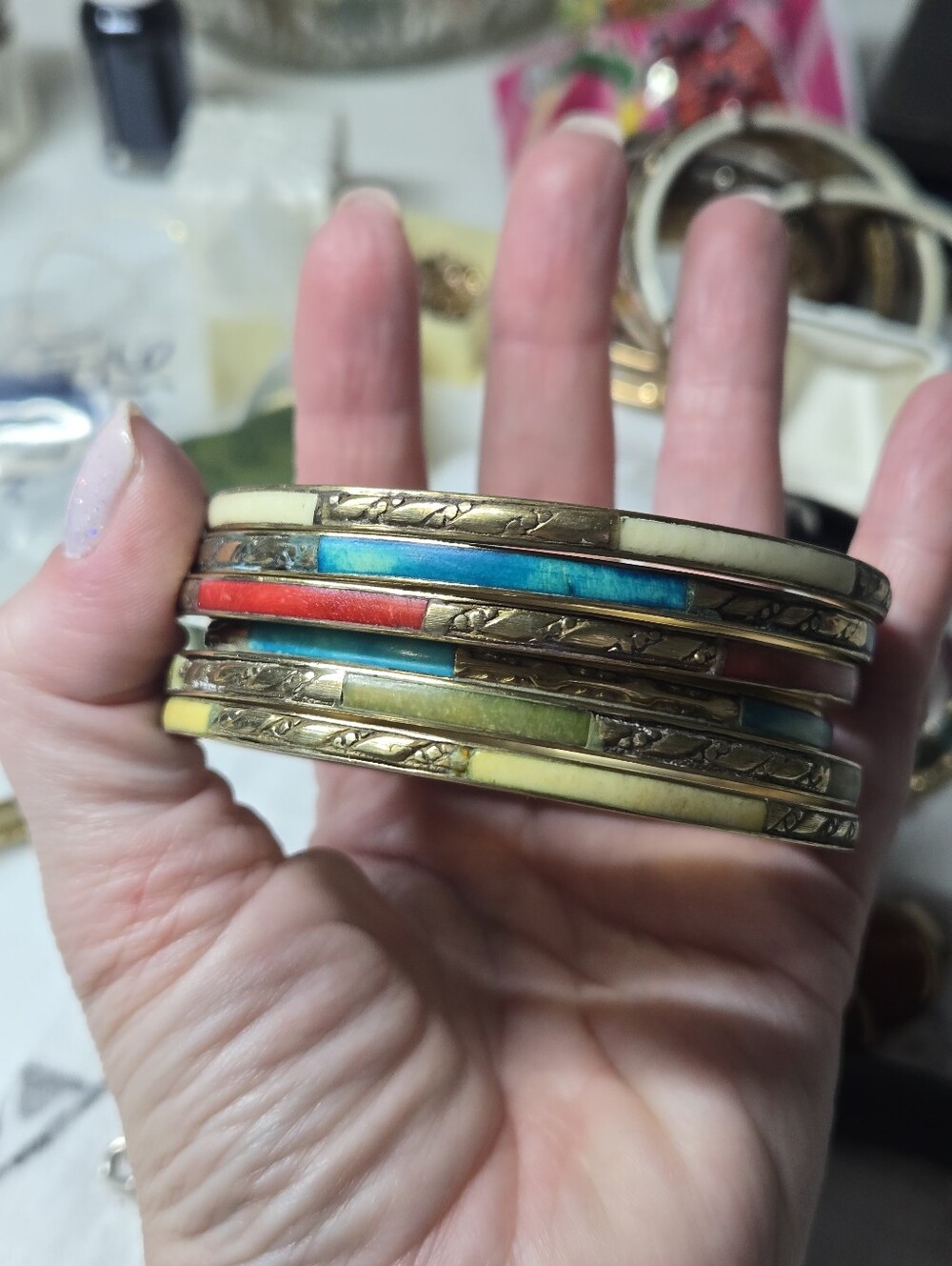 Vintage Brass Multicolor Enamel Stackable Bangle Set - Women Jewelry